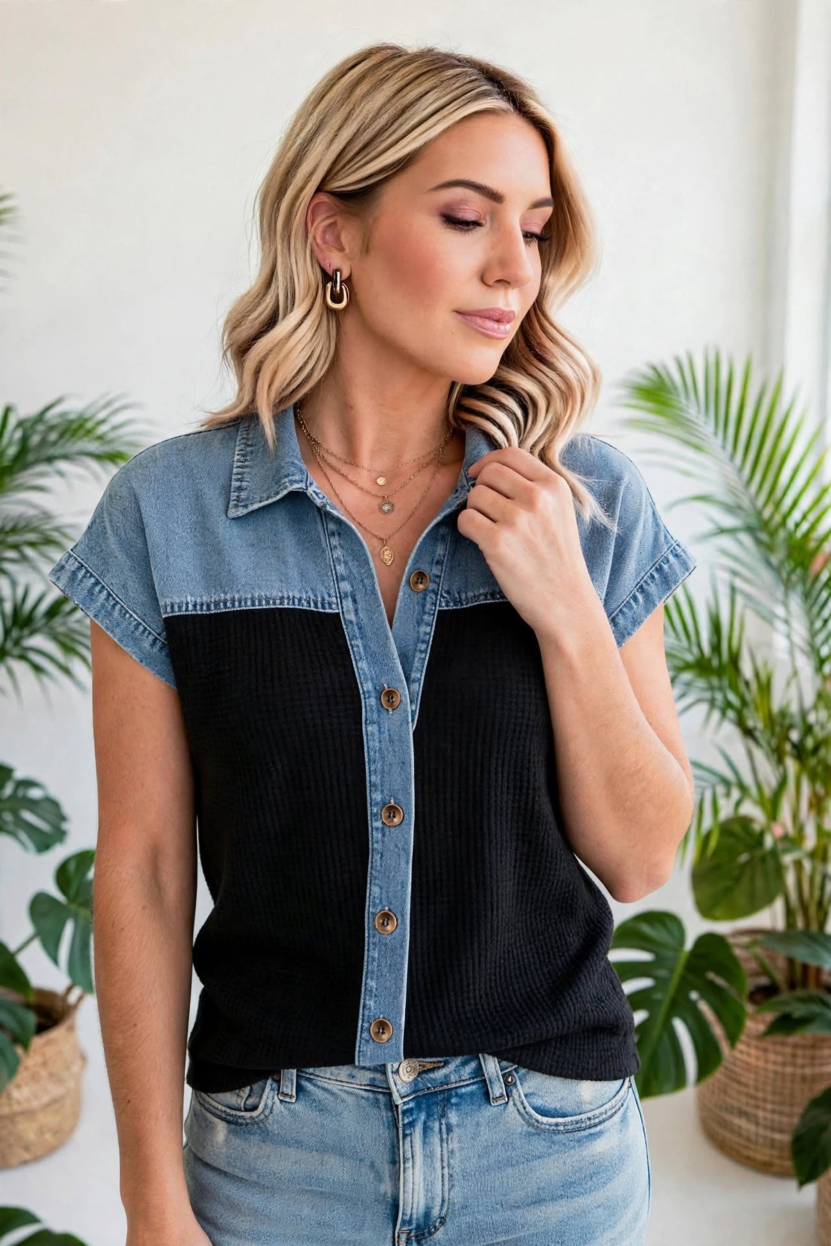 Textured Knit Colorblock Button-Down Shirt | S-XL