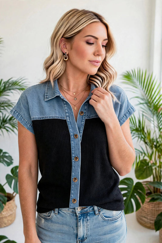Textured Knit Colorblock Button-Down Shirt | S-XL