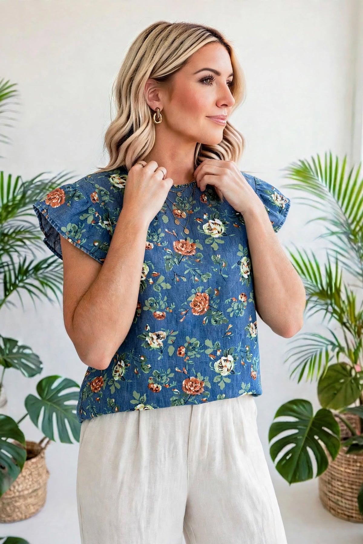 Casual Floral Denim Puff Sleeve Top | S-XL