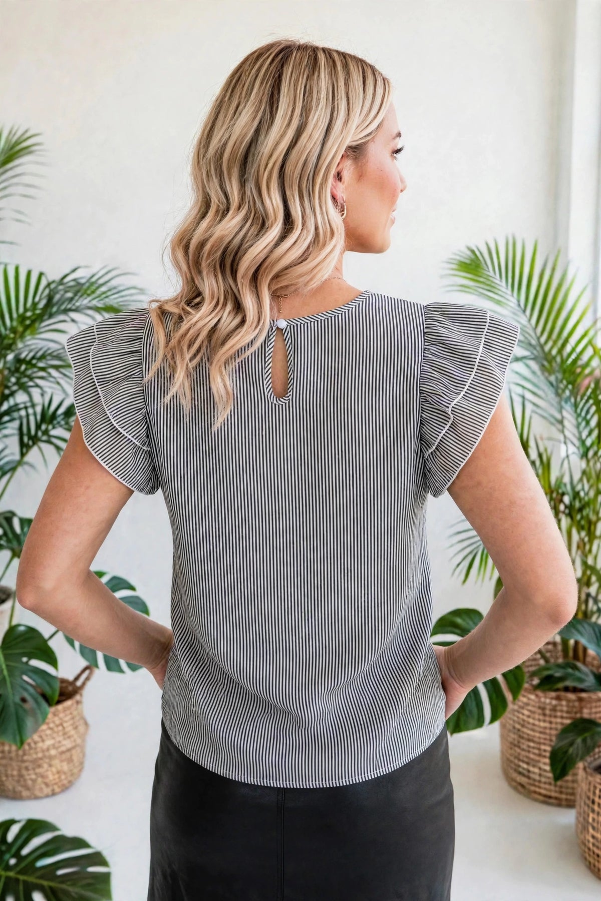 Ruffle Sleeve Stripe Round Neck Blouse | S-XL