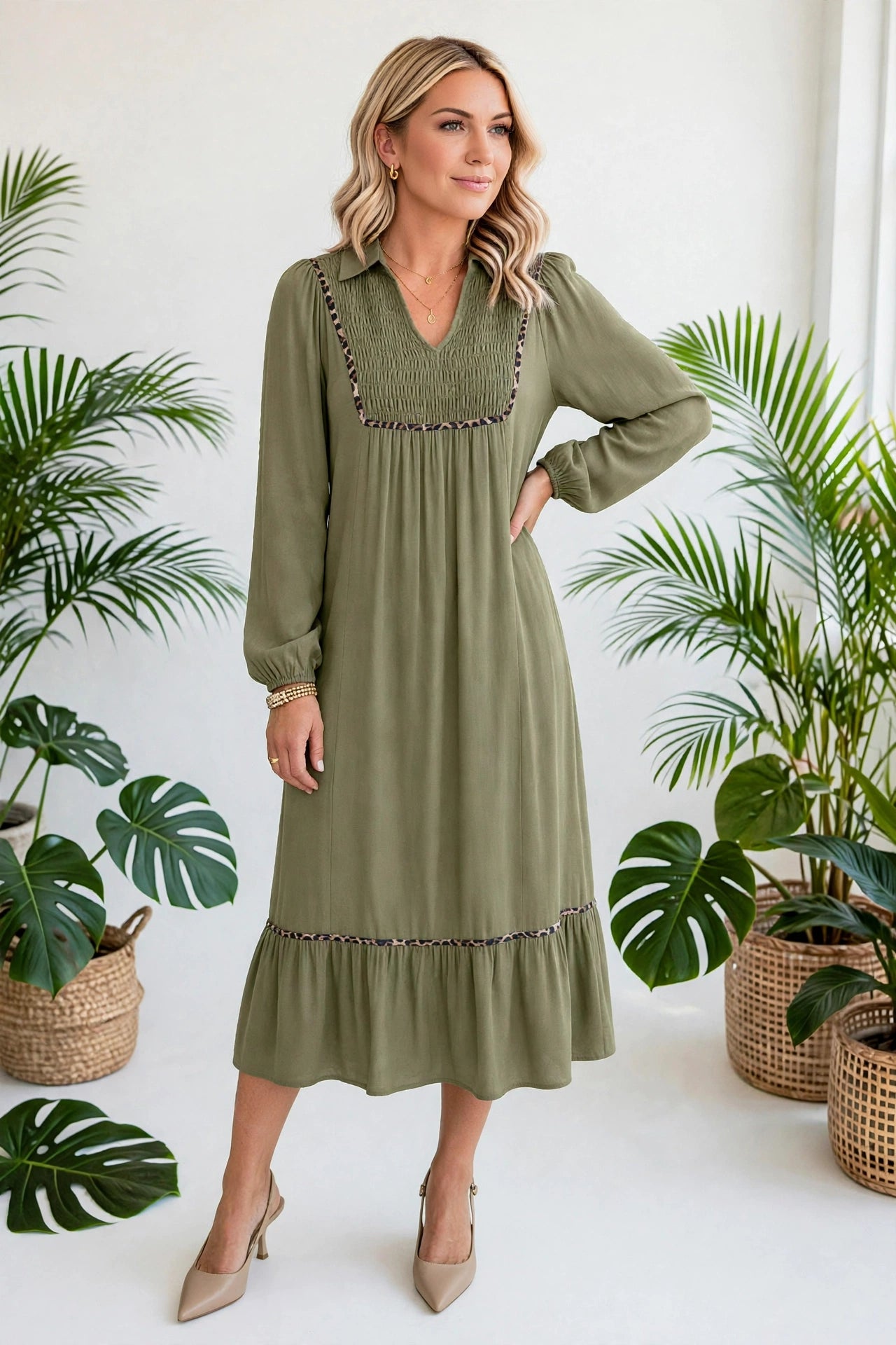 Collared V-Neck Leopard Trim Maxi Dress | S-XL