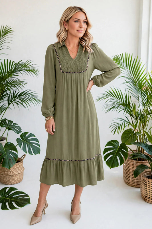 Collared V-Neck Leopard Trim Maxi Dress | S-XL