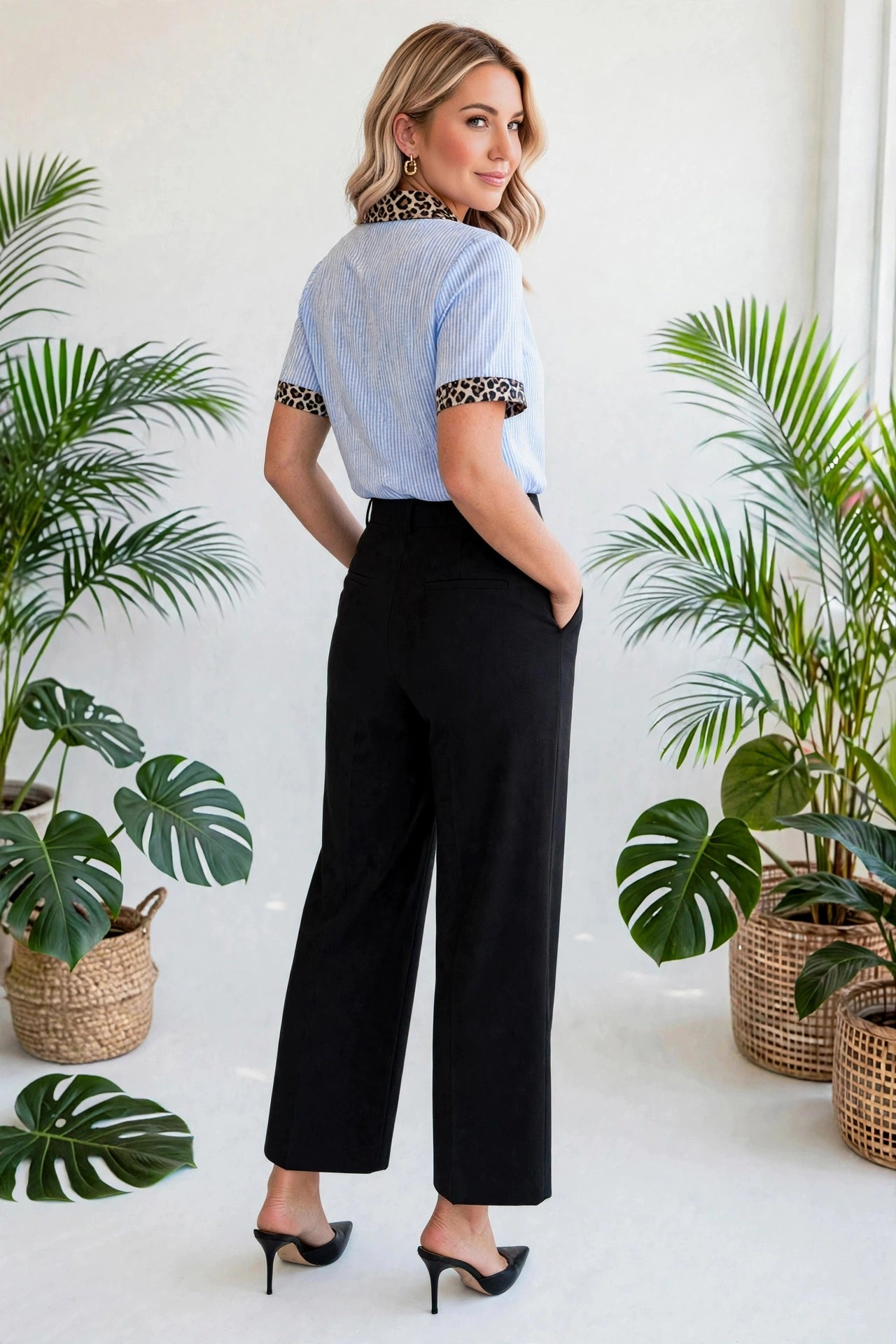 Stripe Contrast Leopard Collared Shirt | S-XL