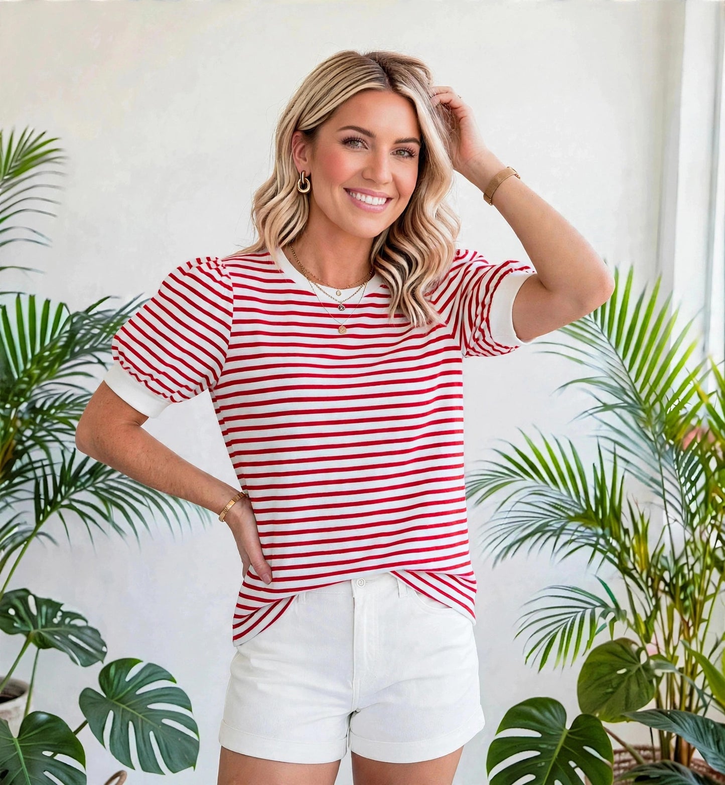 Stripe Trim Round Neck Short Puff Sleeve Top | S-XL