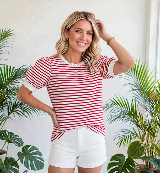 Stripe Trim Round Neck Short Puff Sleeve Top | S-XL
