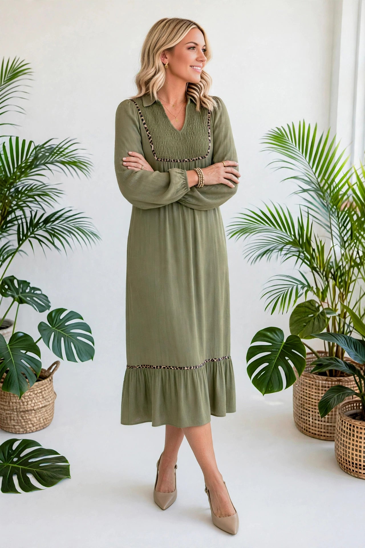 Collared V-Neck Leopard Trim Maxi Dress | S-XL