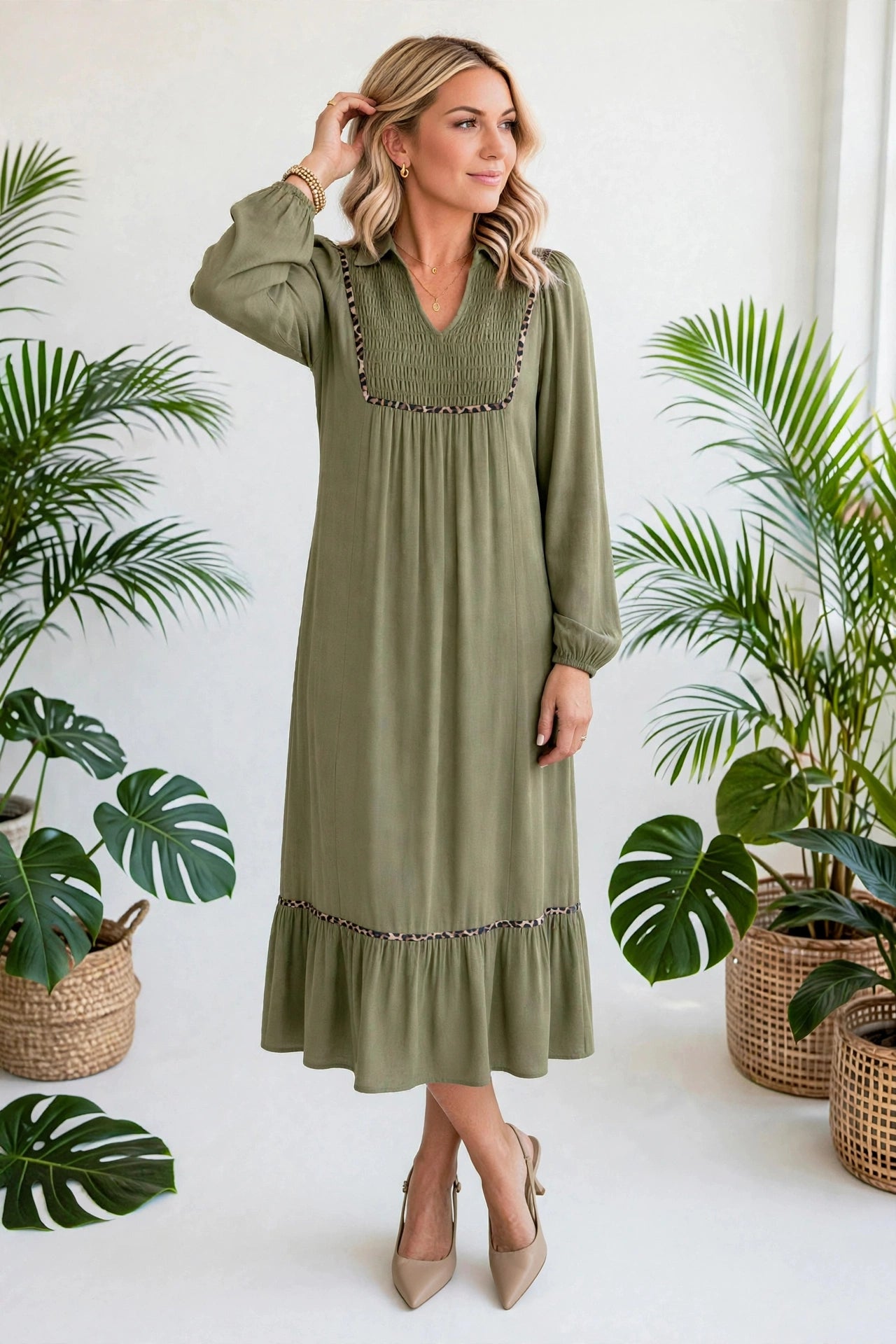 Collared V-Neck Leopard Trim Maxi Dress | S-XL