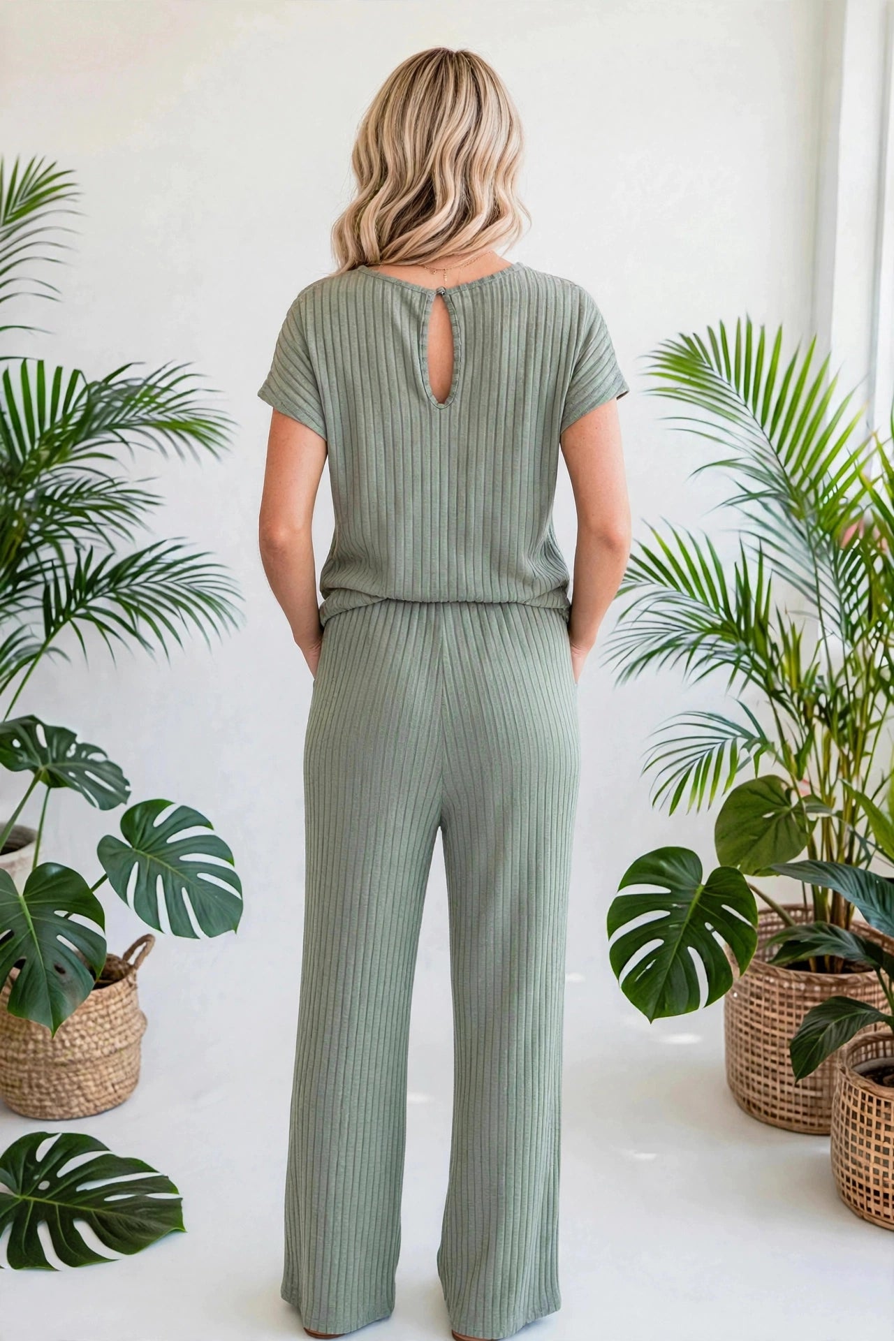 Ribbed Short Sleeve Wide Leg Jumpsuit