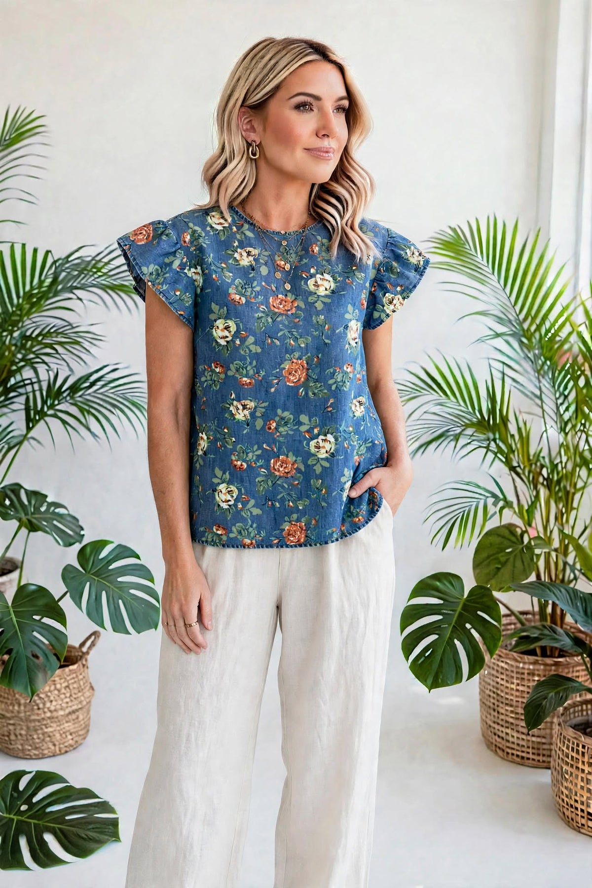 Casual Floral Denim Puff Sleeve Top | S-XL