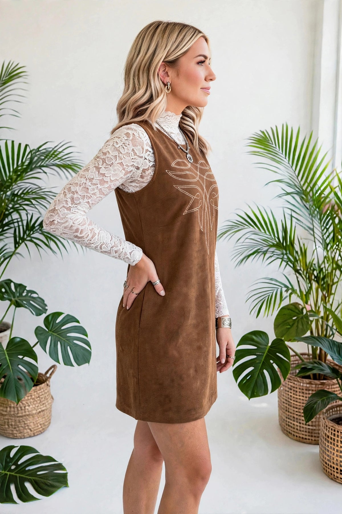 Geometric Stitch Corduroy Mini Dress | S-XL