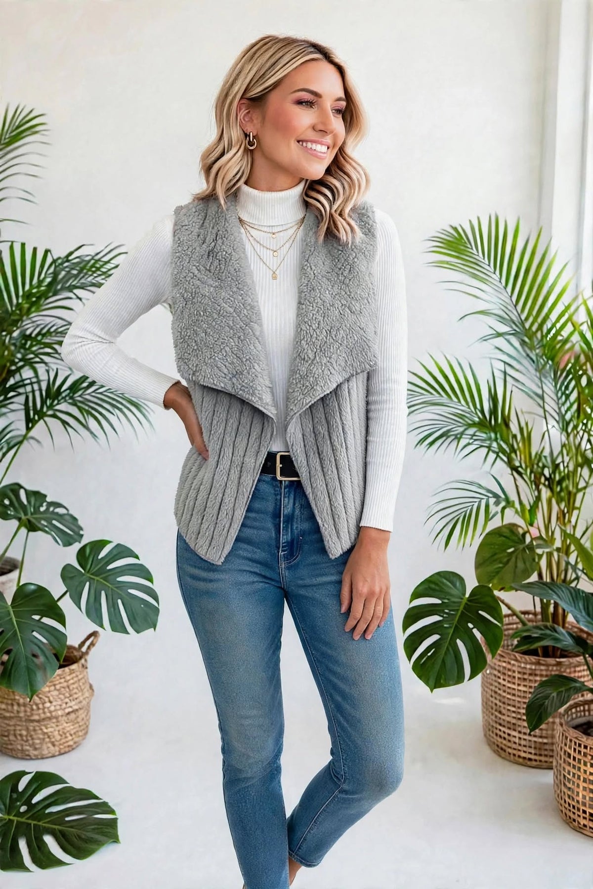 Collared Open-Front Teddy Vest | S-XL