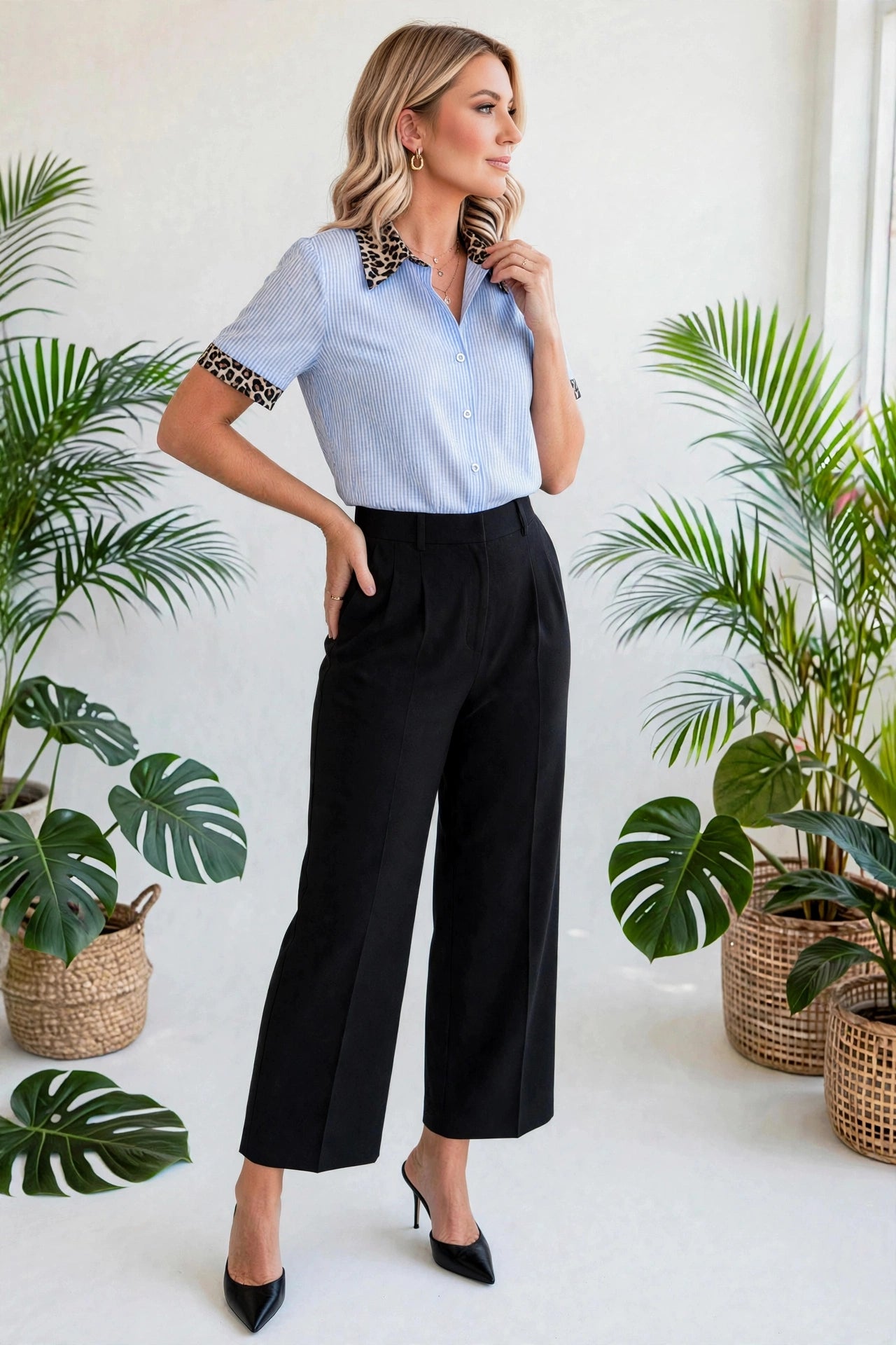 Stripe Contrast Leopard Collared Shirt | S-XL