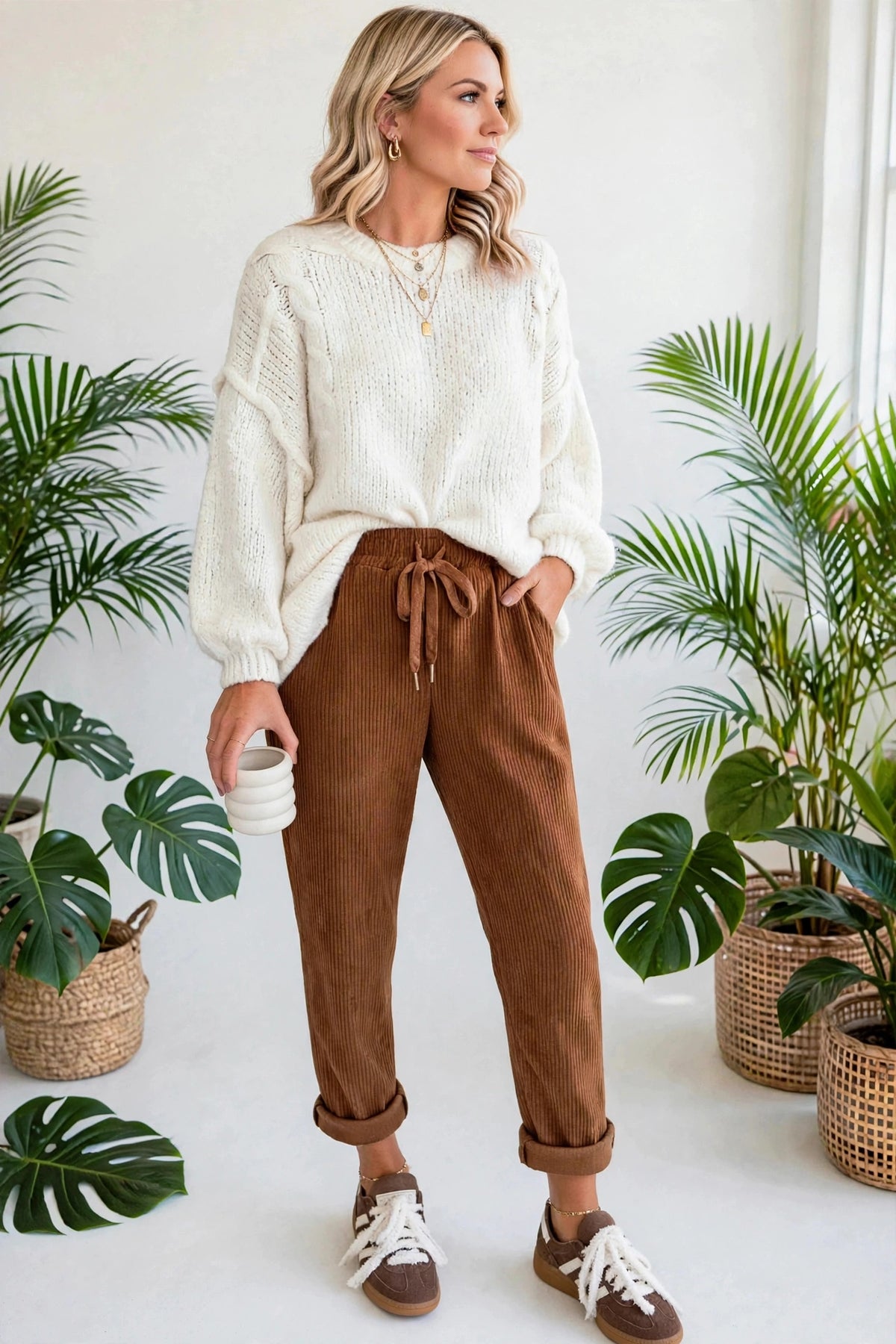 Cozy Season Babe Elastic Waist Corduroy Pants with Pockets | S-XL