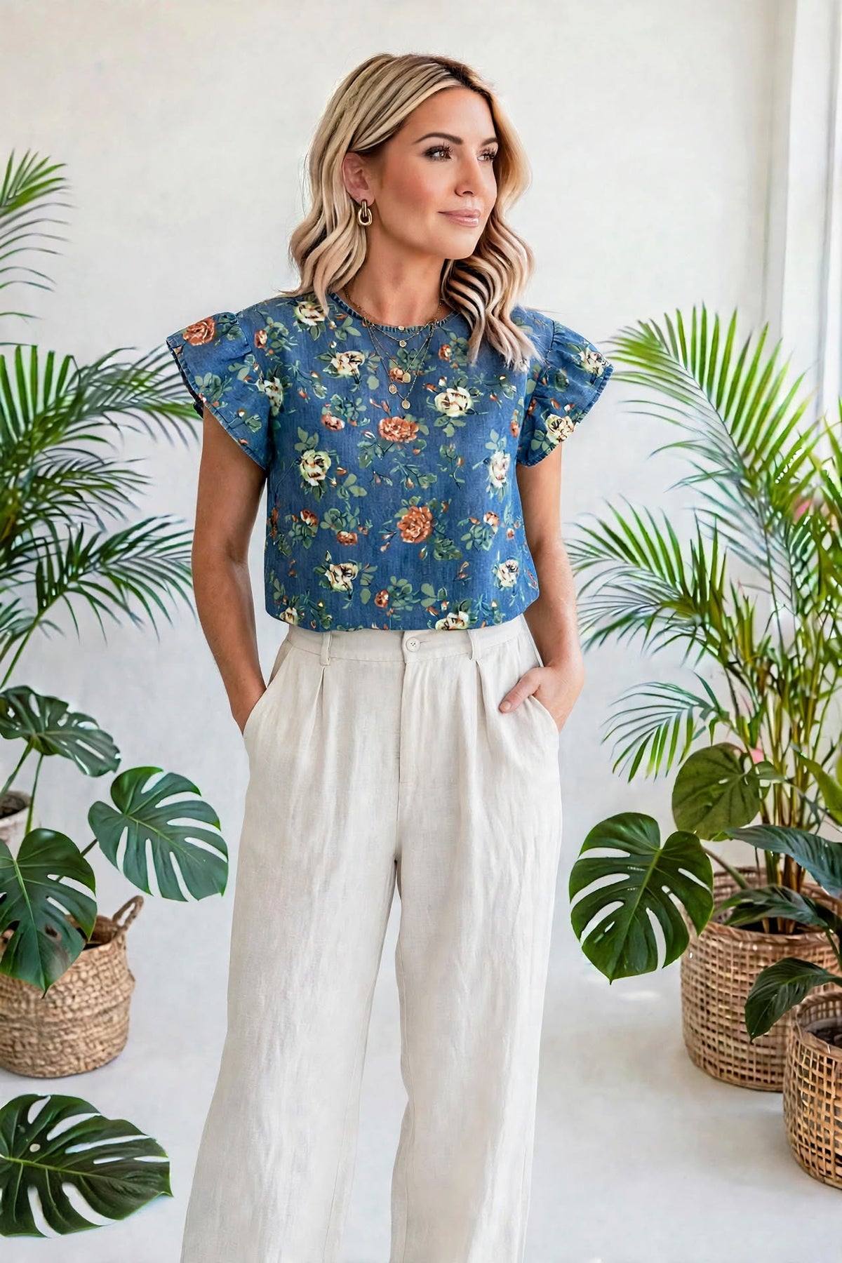 Casual Floral Denim Puff Sleeve Top | S-XL