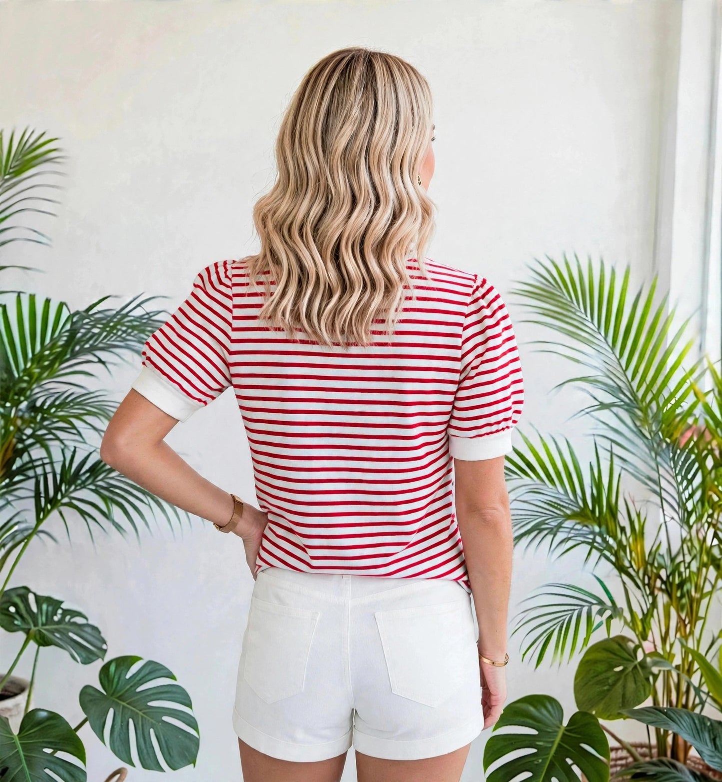 Stripe Trim Round Neck Short Puff Sleeve Top | S-XL