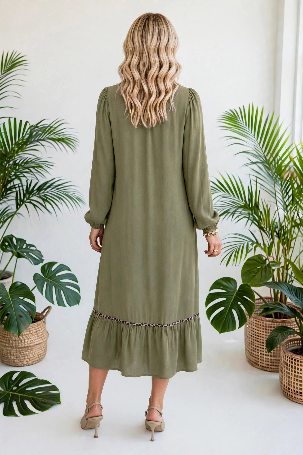 Collared V-Neck Leopard Trim Maxi Dress | S-XL