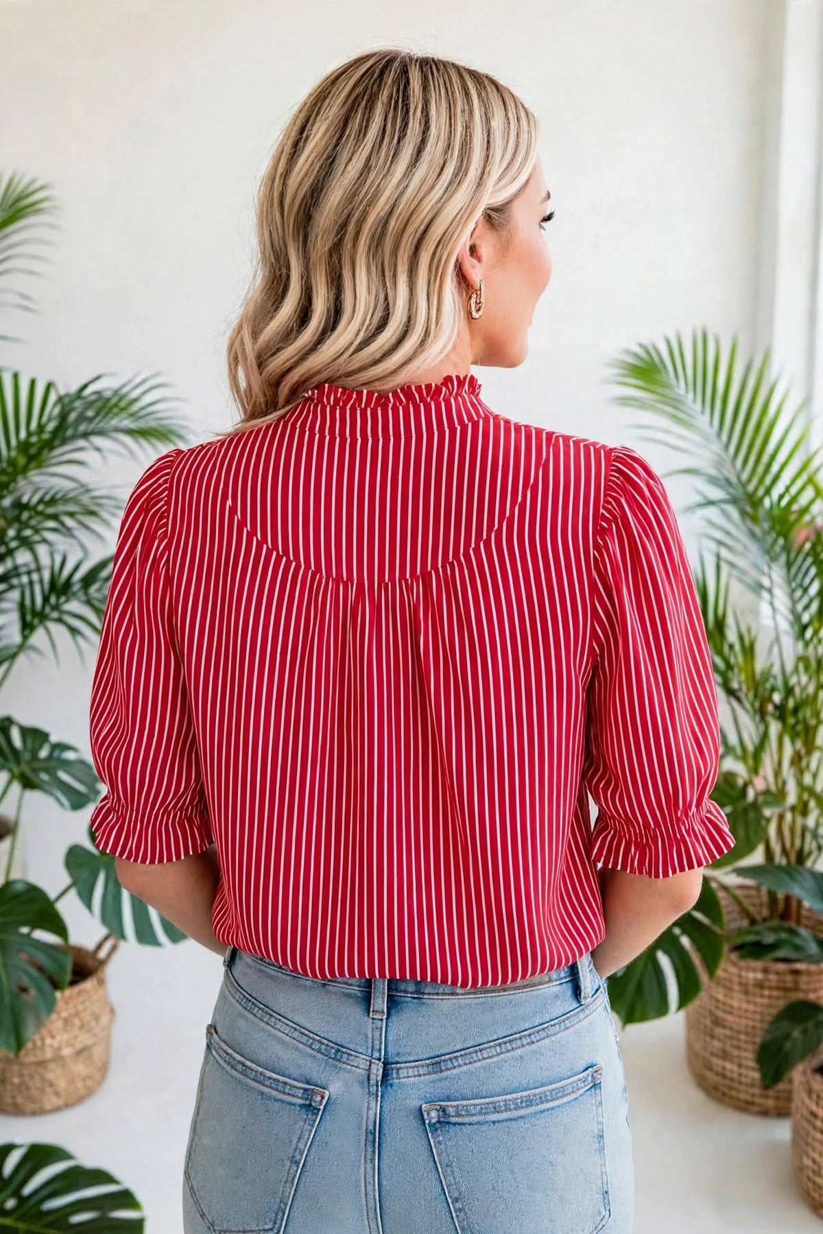 Short Puff Sleeve Stripe Ruffle Blouse | S-XL