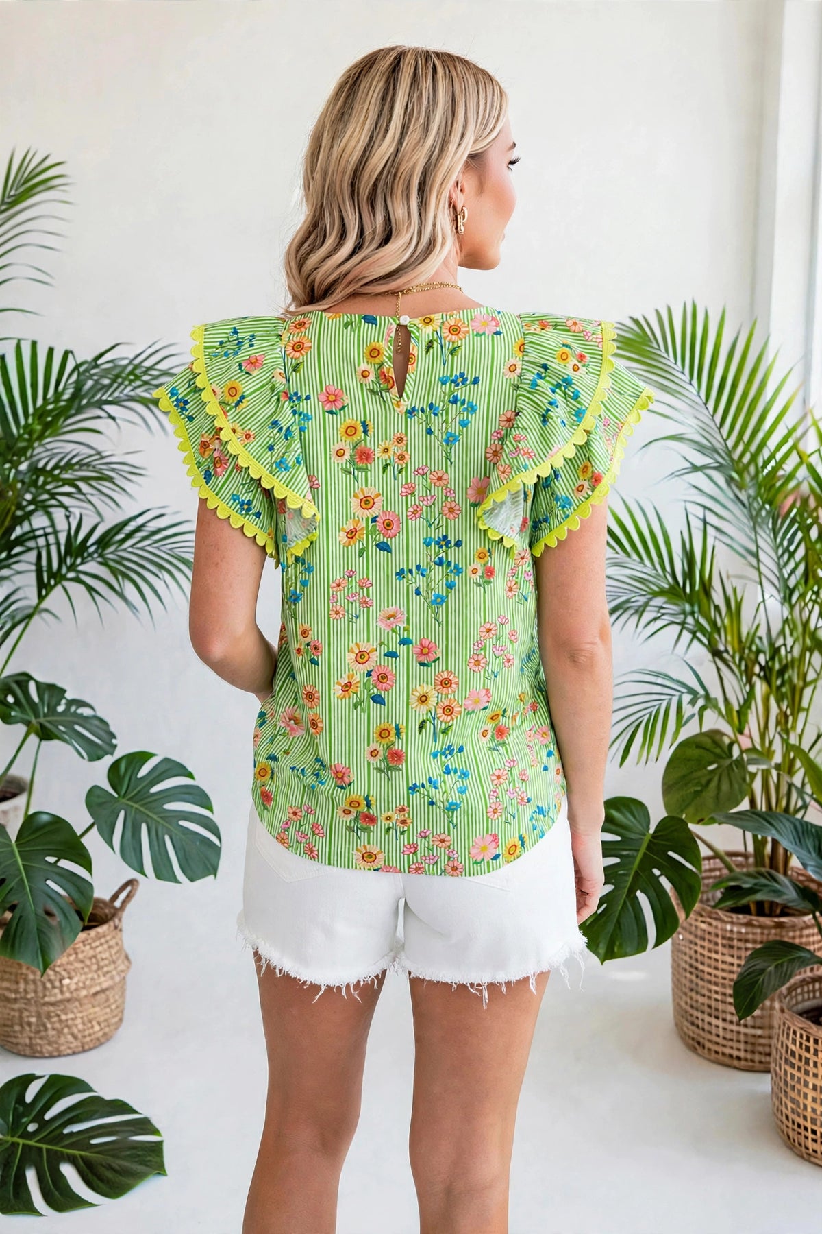 Stripe Floral Ruffle Sleeve Top | S-XL