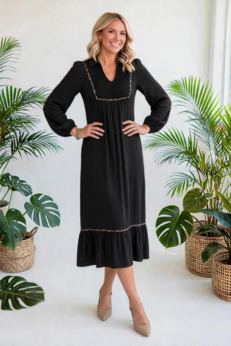 Collared V-Neck Leopard Trim Maxi Dress | S-XL