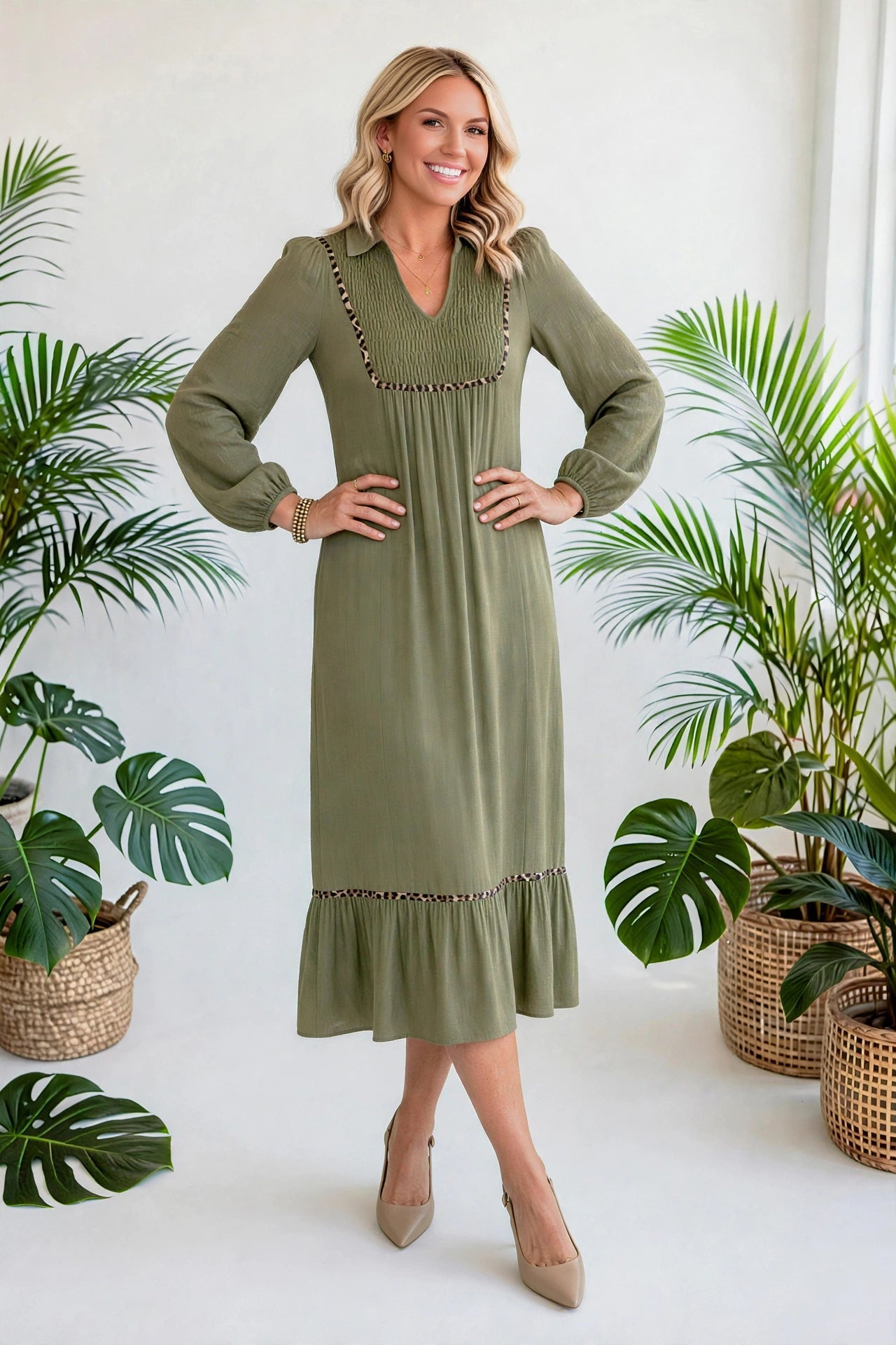 Collared V-Neck Leopard Trim Maxi Dress | S-XL
