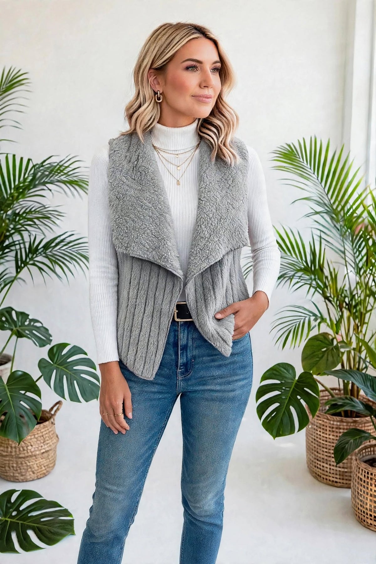 Collared Open-Front Teddy Vest | S-XL