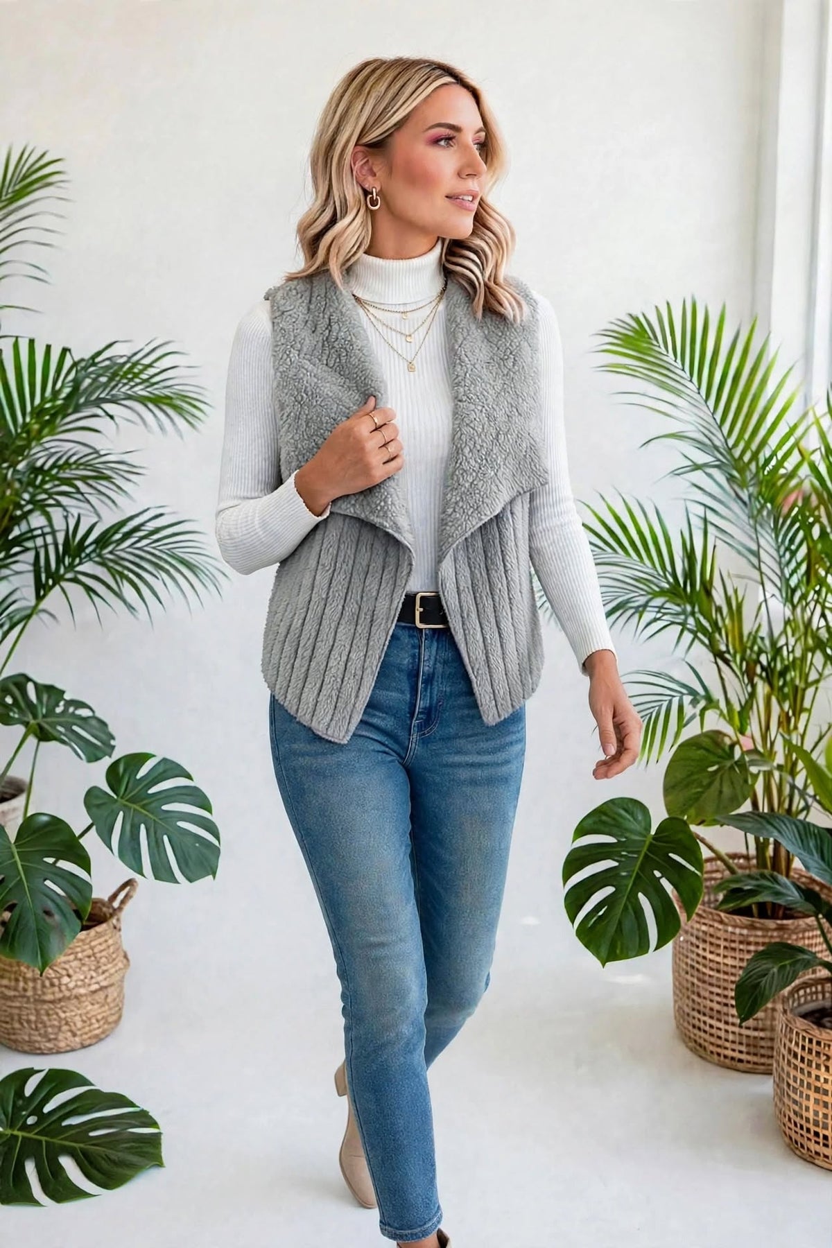 Collared Open-Front Teddy Vest | S-XL